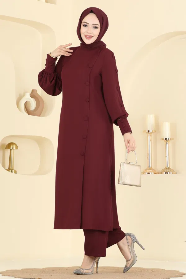 Modaselvim Kombin Aksesuar Düğmeli İthal Krep Takım 8217AB368 Bordo
