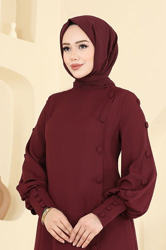 moda selvim Aksesuar Düğmeli İthal Krep Takım 8217AB368 Bordo - Thumbnail