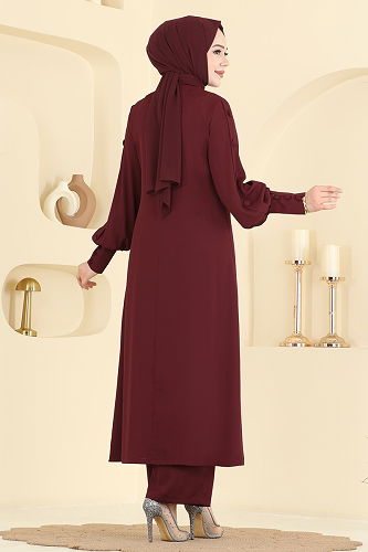 moda selvim Aksesuar Düğmeli İthal Krep Takım 8217AB368 Bordo - Thumbnail