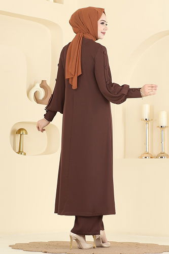 moda selvim Aksesuar Düğmeli İthal Krep Takım 8217AB368 Kahve - Thumbnail