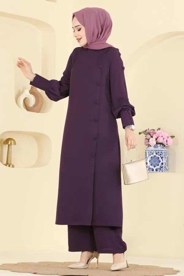 Modaselvim Kombin Aksesuar Düğmeli İthal Krep Takım 8217AB368 Mor