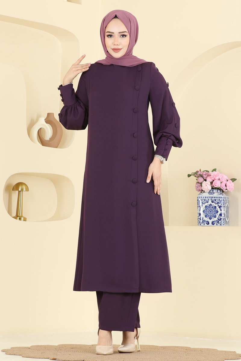 Aksesuar Düğmeli İthal Krep Takım 8217AB368 Mor