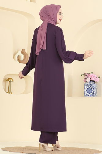 moda selvim Aksesuar Düğmeli İthal Krep Takım 8217AB368 Mor - Thumbnail