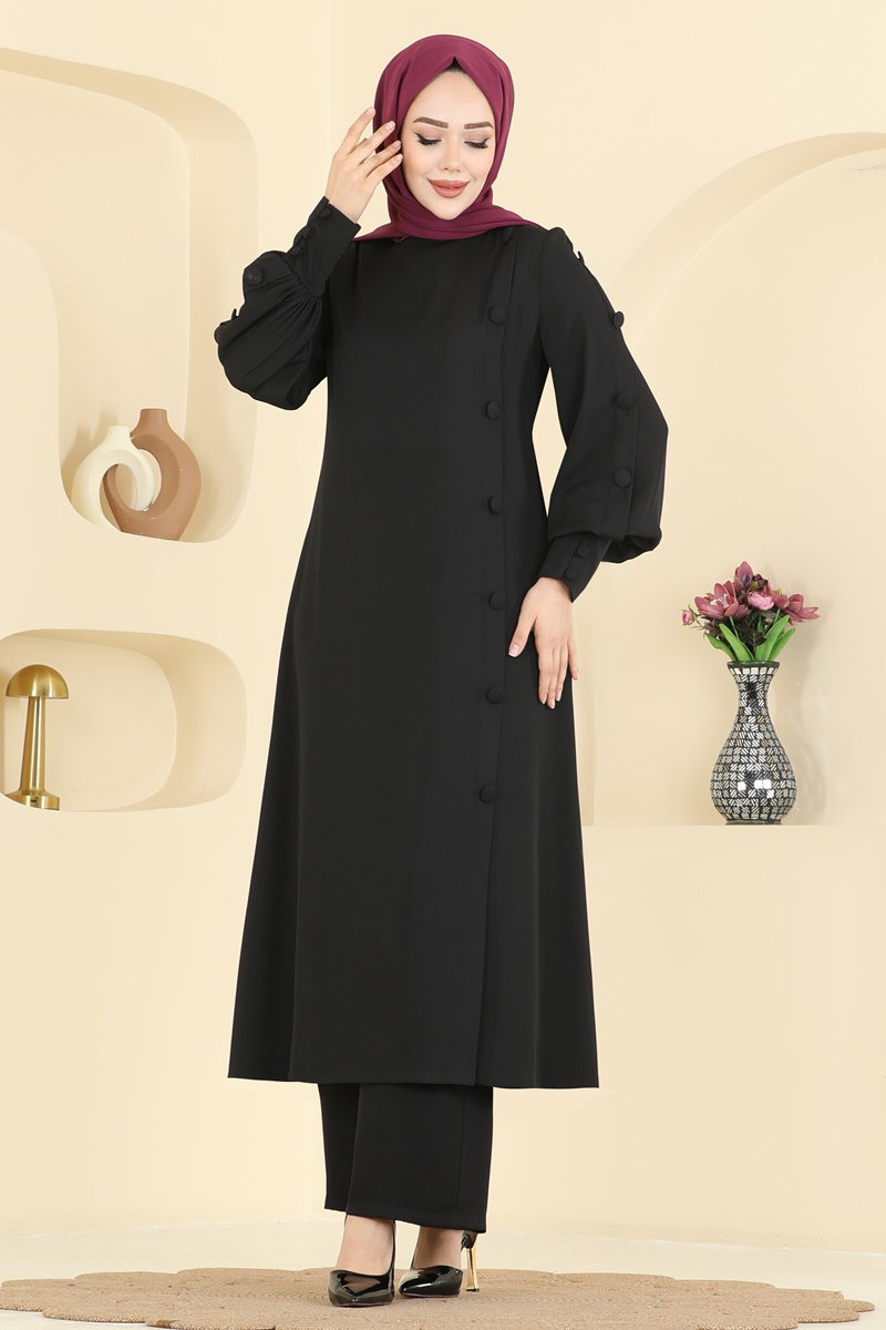 Aksesuar Düğmeli İthal Krep Takım 8217AB368 Siyah