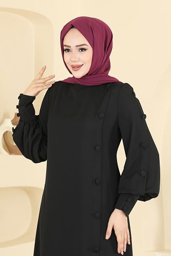 moda selvim Aksesuar Düğmeli İthal Krep Takım 8217AB368 Siyah - Thumbnail