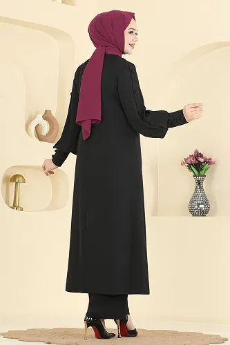 moda selvim Aksesuar Düğmeli İthal Krep Takım 8217AB368 Siyah - Thumbnail