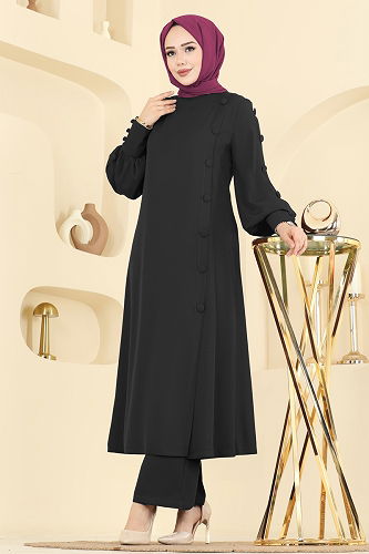 moda selvim Aksesuar Düğmeli İthal Krep Takım 8217AB368 Siyah - Thumbnail