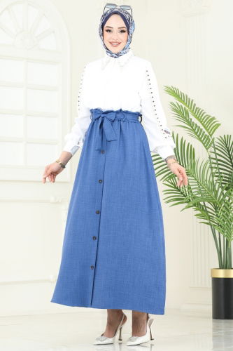 moda selvim Aksesuar Düğmeli Keten Etek 817OZN1046 Açık İndigo - Thumbnail