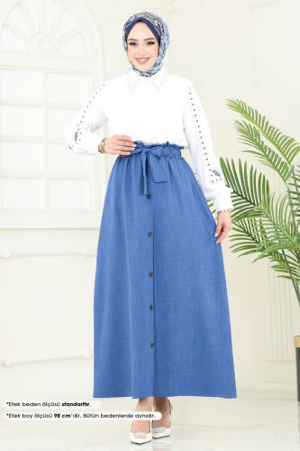moda selvim Aksesuar Düğmeli Keten Etek 817OZN1046 Açık İndigo - Thumbnail