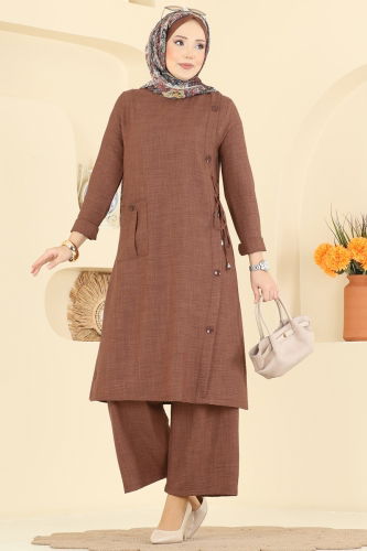 M.P. - Aksesuar Düğmeli Keten Takım 367MP806 Koyu Taba