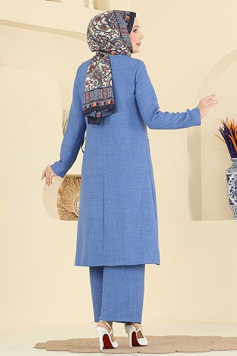 moda selvim Aksesuar Düğmeli Keten Takım 367MP806 Mavi - Thumbnail