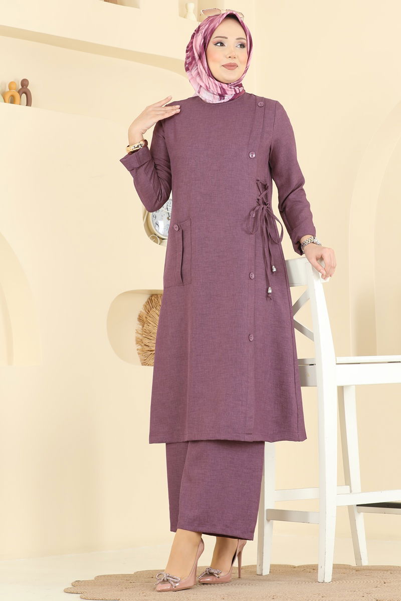 Aksesuar Düğmeli Keten Takım 367MP806 Mürdüm - Moda Selvim