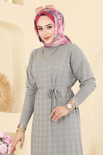 moda selvim Aksesuar Düğmeli Merserize Elbise 241420TPK1167 Gri - Thumbnail