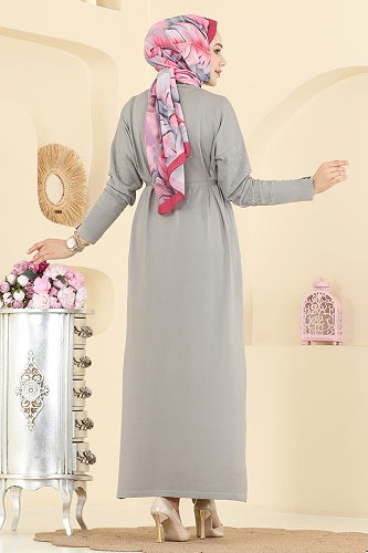 moda selvim Aksesuar Düğmeli Merserize Elbise 241420TPK1167 Gri - Thumbnail