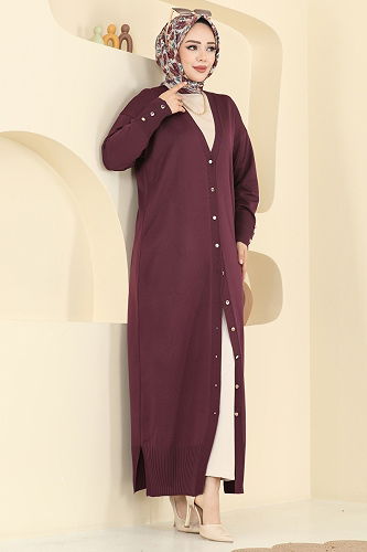 moda selvim Aksesuar Düğmeli Merserize Hırka 3250BRZ597 Mürdüm - Thumbnail