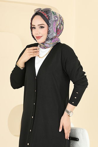 moda selvim Aksesuar Düğmeli Merserize Hırka 3250BRZ597 Siyah - Thumbnail