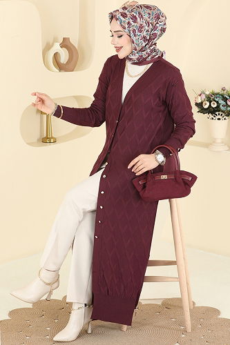 moda selvim Aksesuar Düğmeli Merserize Hırka 3295BRZ597 Mürdüm - Thumbnail