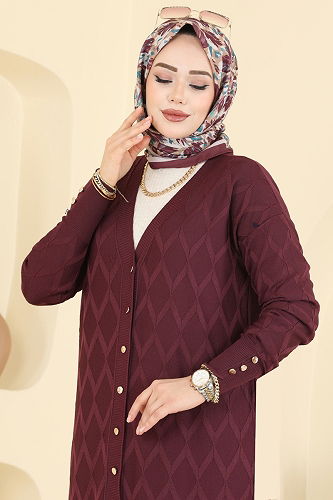 moda selvim Aksesuar Düğmeli Merserize Hırka 3295BRZ597 Mürdüm - Thumbnail