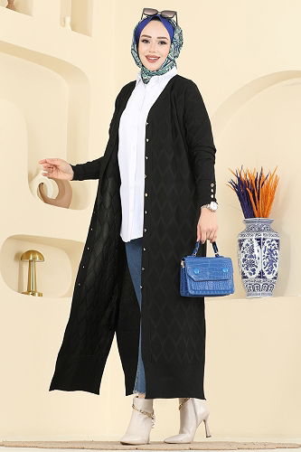 moda selvim Aksesuar Düğmeli Merserize Hırka 3295BRZ597 Siyah - Thumbnail