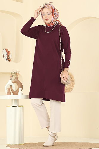 moda selvim Aksesuar Düğmeli Merserize Tunik 5021KLN570 Bordo - Thumbnail