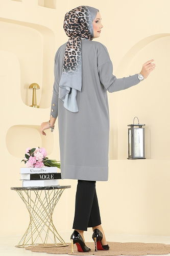 moda selvim Aksesuar Düğmeli Merserize Tunik 5021KLN570 Gri - Thumbnail