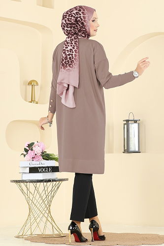 moda selvim Aksesuar Düğmeli Merserize Tunik 5021KLN570 Koyu Vizyon - Thumbnail