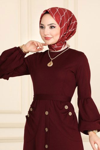 moda selvim Aksesuar Düğmeli Mira Elbise 1522UKB139 Bordo - Thumbnail