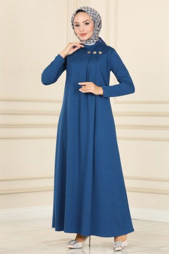 moda selvim Aksesuar Düğmeli Mira Elbise 1534UKB139 İndigo - Thumbnail