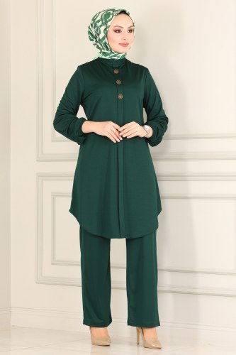 moda selvim Aksesuar Düğmeli Mira Takım 1630SH396 Zümrüt - Thumbnail