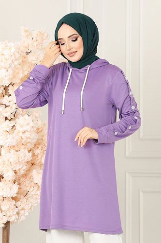 moda selvim Aksesuar Düğmeli Mira Takım 228DVL817 Lila&Ekru - Thumbnail