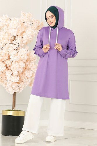 moda selvim Aksesuar Düğmeli Mira Takım 228DVL817 Lila&Ekru - Thumbnail