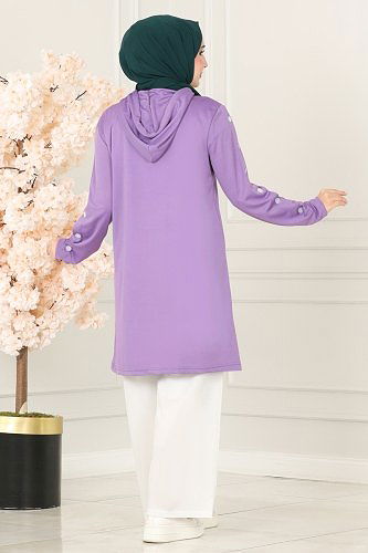 moda selvim Aksesuar Düğmeli Mira Takım 228DVL817 Lila&Ekru - Thumbnail