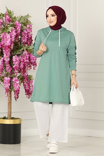 moda selvim Aksesuar Düğmeli Mira Takım 228DVL817 Mint&Ekru - Thumbnail