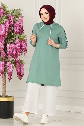 moda selvim Aksesuar Düğmeli Mira Takım 228DVL817 Mint&Ekru - Thumbnail