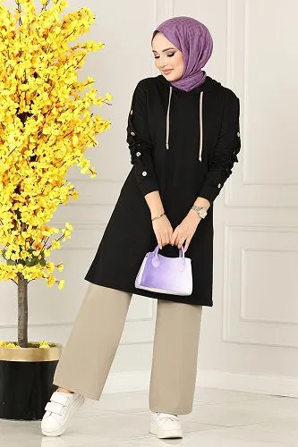 moda selvim Aksesuar Düğmeli Mira Takım 228DVL817 Siyah&Vizyon - Thumbnail