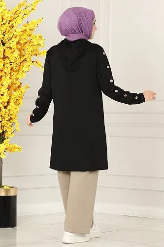 moda selvim Aksesuar Düğmeli Mira Takım 228DVL817 Siyah&Vizyon - Thumbnail