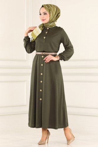moda selvim Düğmeli Mira Etekli Takım 3004YNS793 Haki - Thumbnail