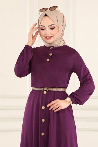 moda selvim Düğmeli Mira Etekli Takım 3004YNS793 Mürdüm - Thumbnail