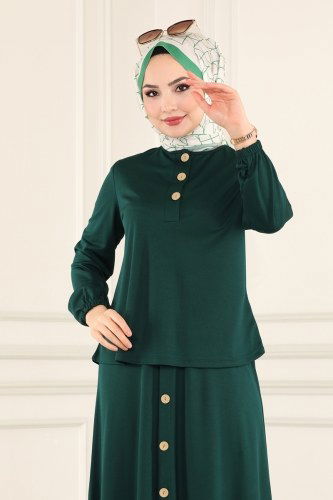 moda selvim Düğmeli Mira Etekli Takım 3004YNS793 Zümrüt - Thumbnail