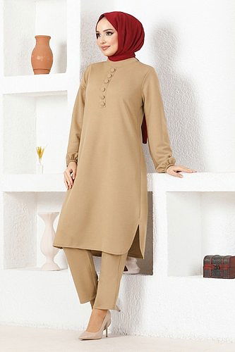 moda selvim Aksesuar Düğmeli Mira Takım MSL8077 Bej - Thumbnail