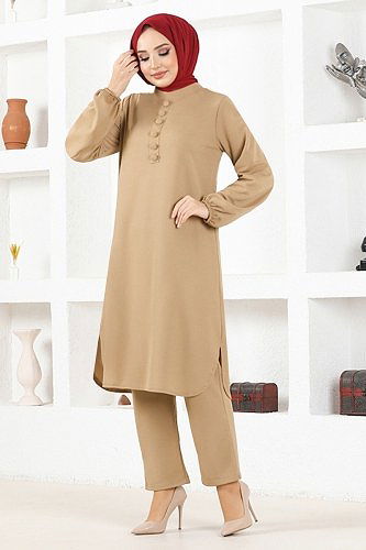 moda selvim Aksesuar Düğmeli Mira Takım MSL8077 Bej - Thumbnail