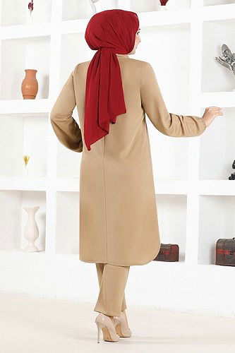 moda selvim Aksesuar Düğmeli Mira Takım MSL8077 Bej - Thumbnail