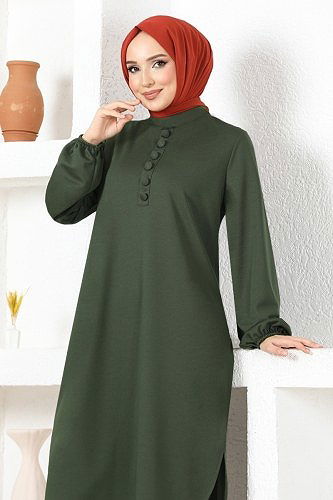 moda selvim Aksesuar Düğmeli Mira Takım MSL8077 Haki - Thumbnail