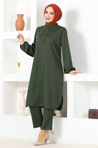 moda selvim Aksesuar Düğmeli Mira Takım MSL8077 Haki - Thumbnail