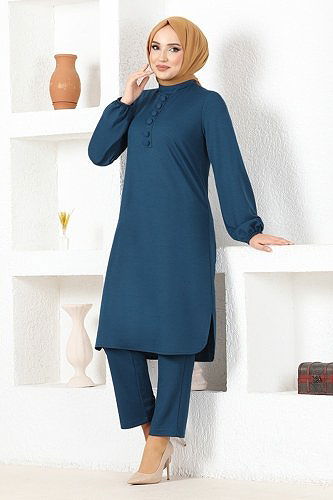 moda selvim Aksesuar Düğmeli Mira Takım MSL8077 İndigo - Thumbnail