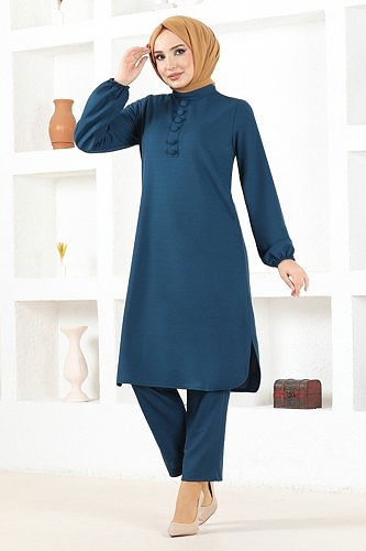 moda selvim Aksesuar Düğmeli Mira Takım MSL8077 İndigo - Thumbnail