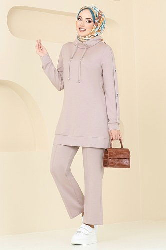 moda selvim Aksesuar Düğmeli Modal Kumaş Takım 2556SL432 Bej - Thumbnail