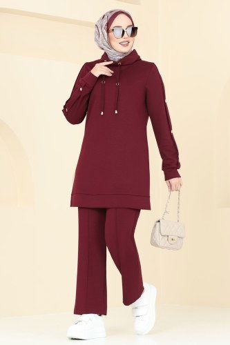 moda selvim Aksesuar Düğmeli Modal Kumaş Takım 2556SL432 Bordo - Thumbnail