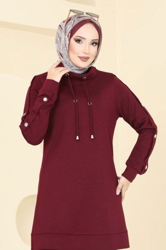 moda selvim Aksesuar Düğmeli Modal Kumaş Takım 2556SL432 Bordo - Thumbnail