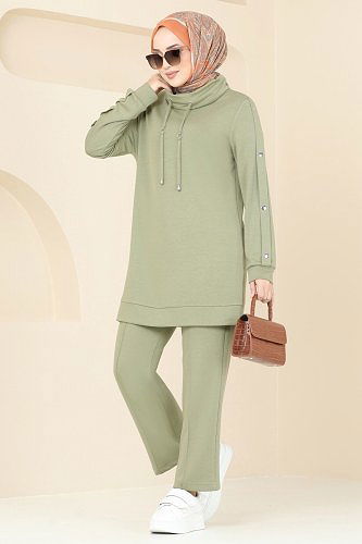 moda selvim Aksesuar Düğmeli Modal Kumaş Takım 2556SL432 Çağla - Thumbnail